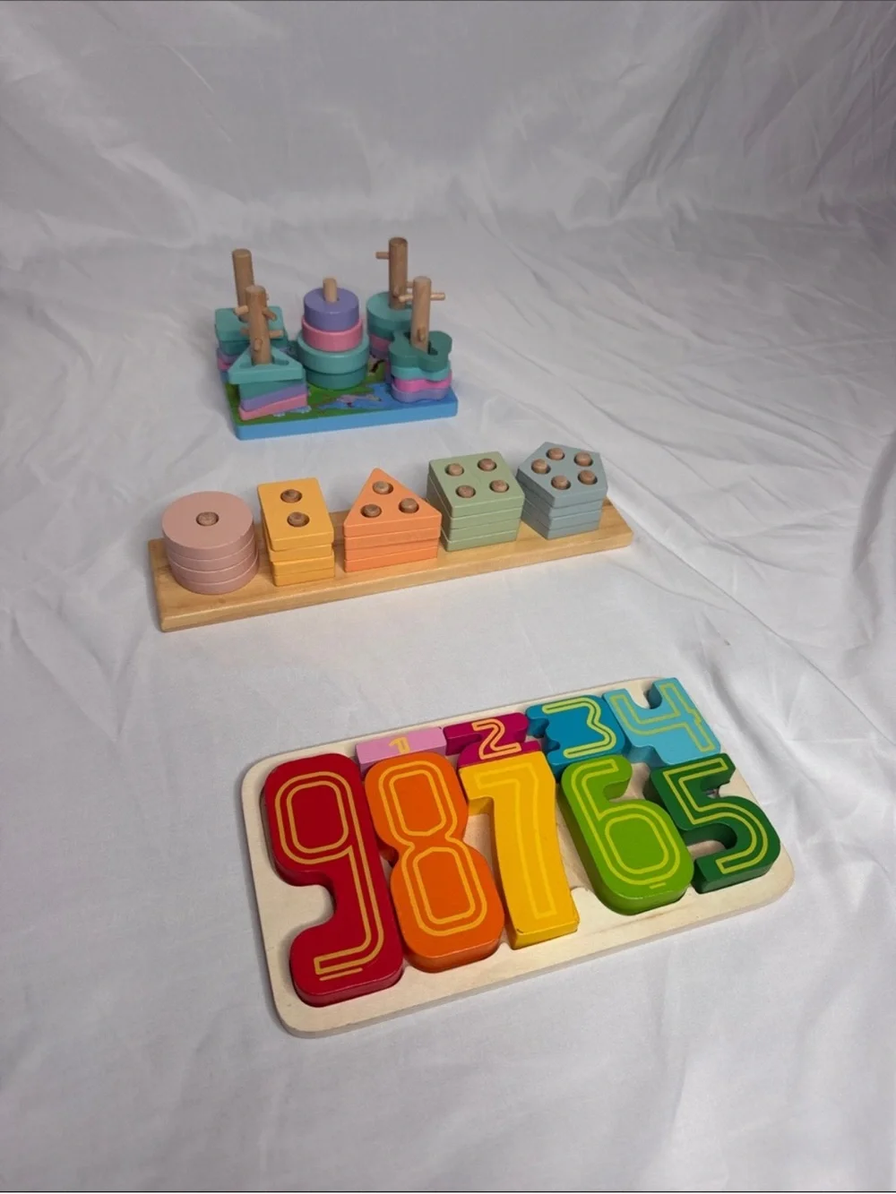 Set of 3 Wooden Sorting and Number Puzzle Set - Multi-Color. GREAT CONDITION